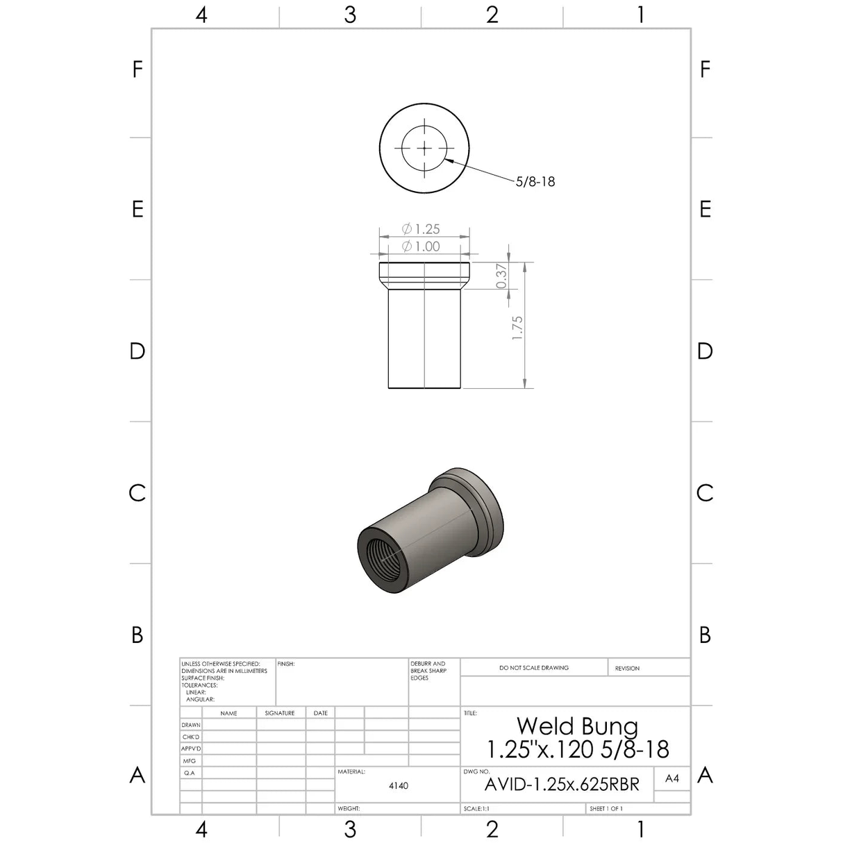 Chromoly 1.25X.120X.625 Weld In Bung - AVID Racing