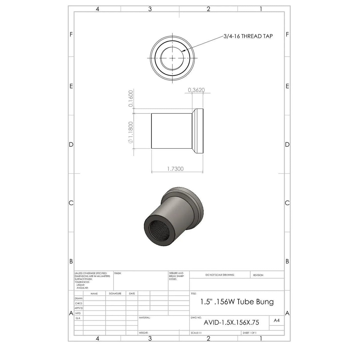 Chromoly 1.5x.156 3/4-16 Weld In Bung - AVID Racing