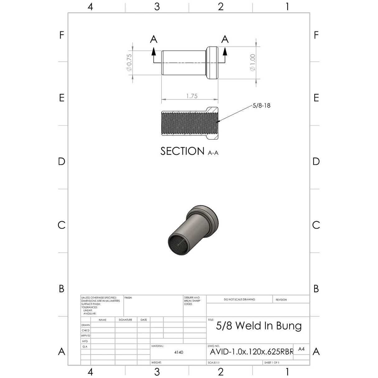 Chromoly 1.0x.120 5/8" Weld In Bung - AVID Racing