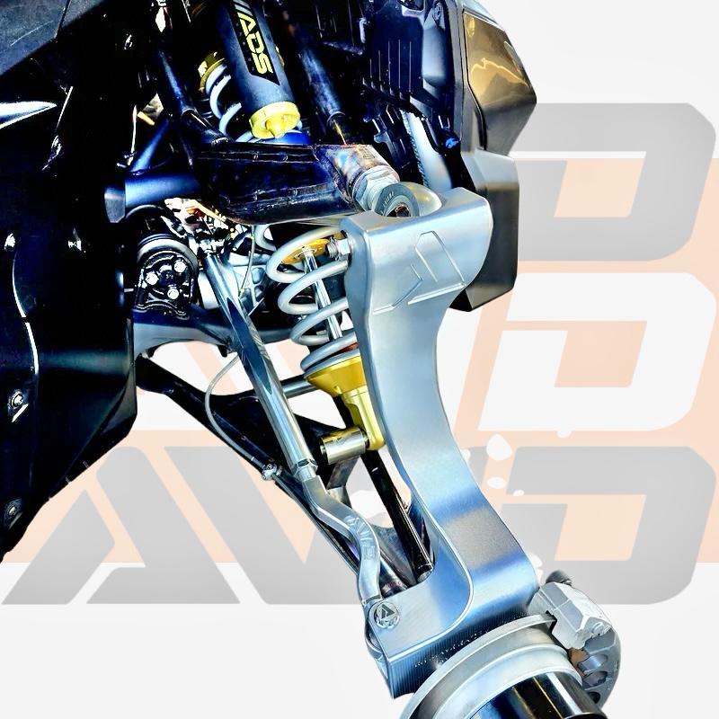 AVID Racing Can-Am Maverick R Baja Race Front Control Arm Kit close up view of billet upright and ADS shock