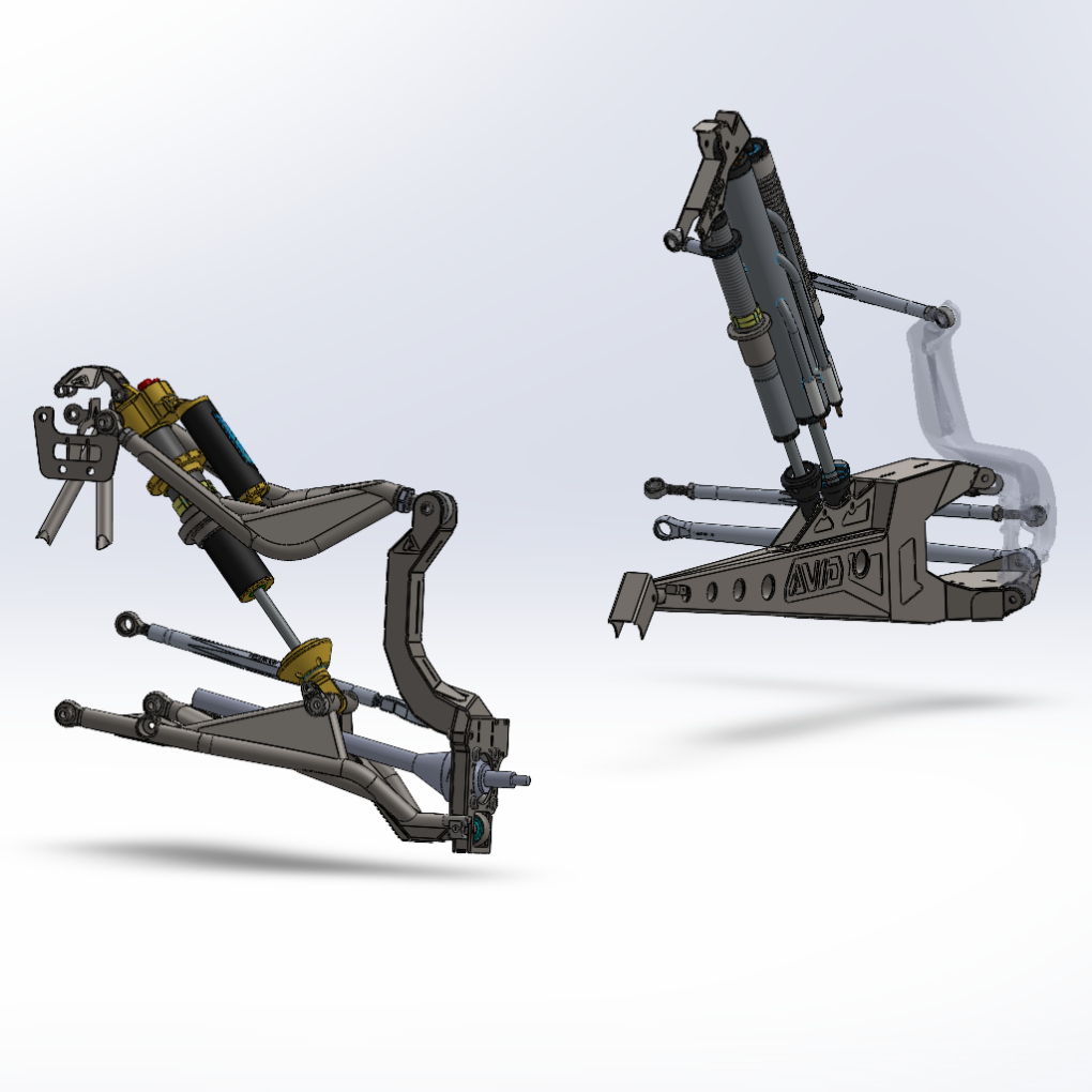 AVID Racing Can-Am Maverick R Rear Race Trailing Arm and Dual Shock Conversion Kit CAD draft of front and rear suspension geometry