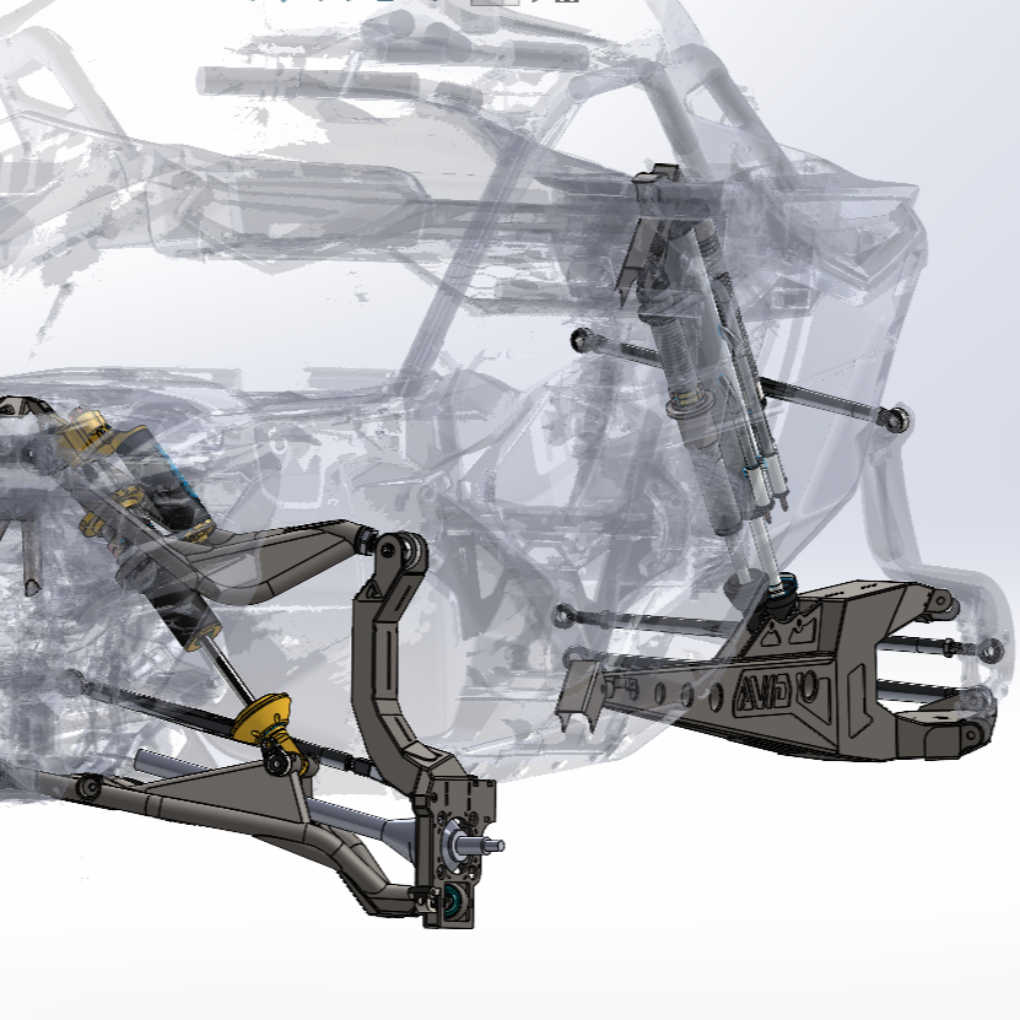 AVID Racing Can-Am Maverick R Rear Race Trailing Arm and Dual Shock Conversion Kit CAD draft of front and rear suspension kit