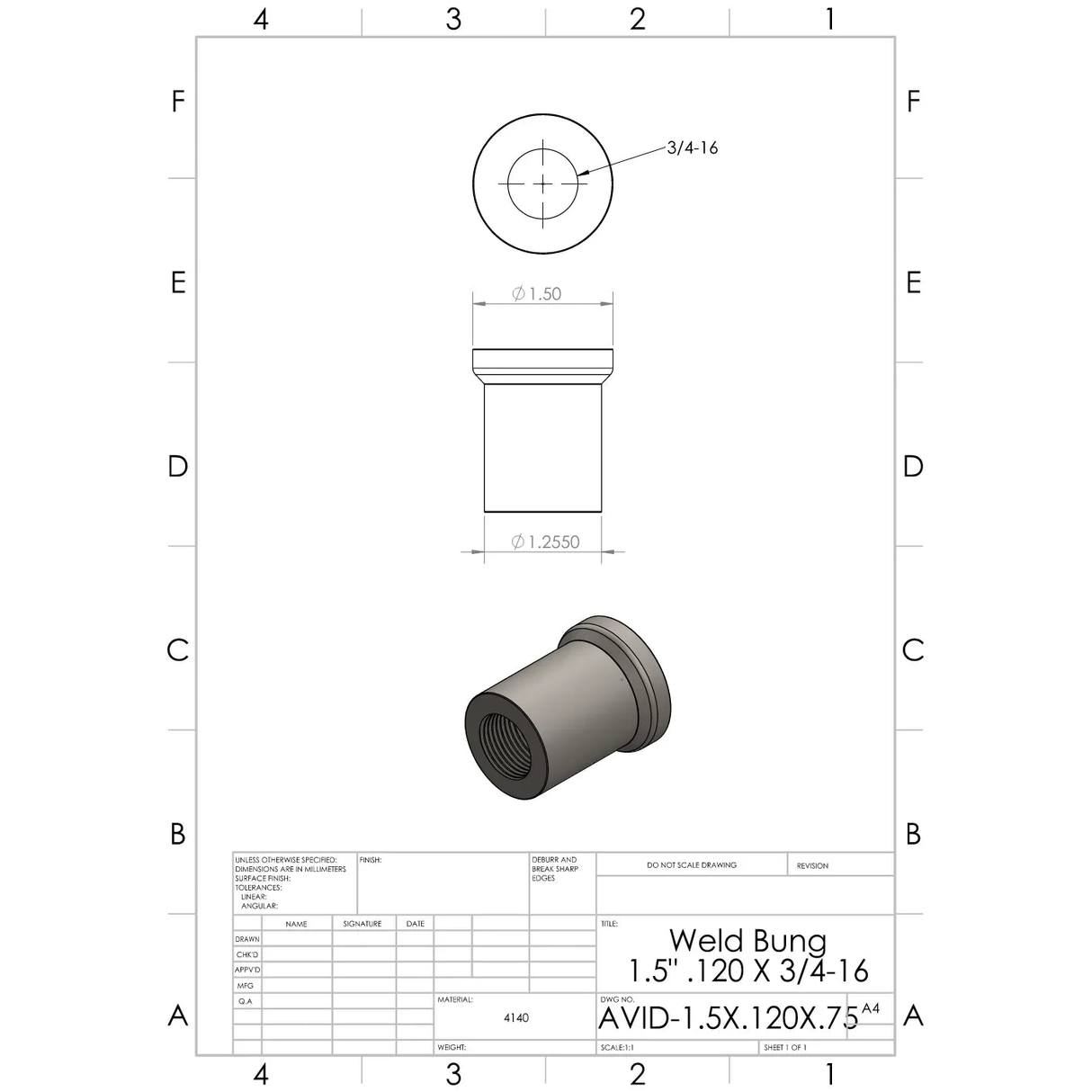 Chromoly 1.5 x .120 x .75 Weld-In Bung - AVID Racing