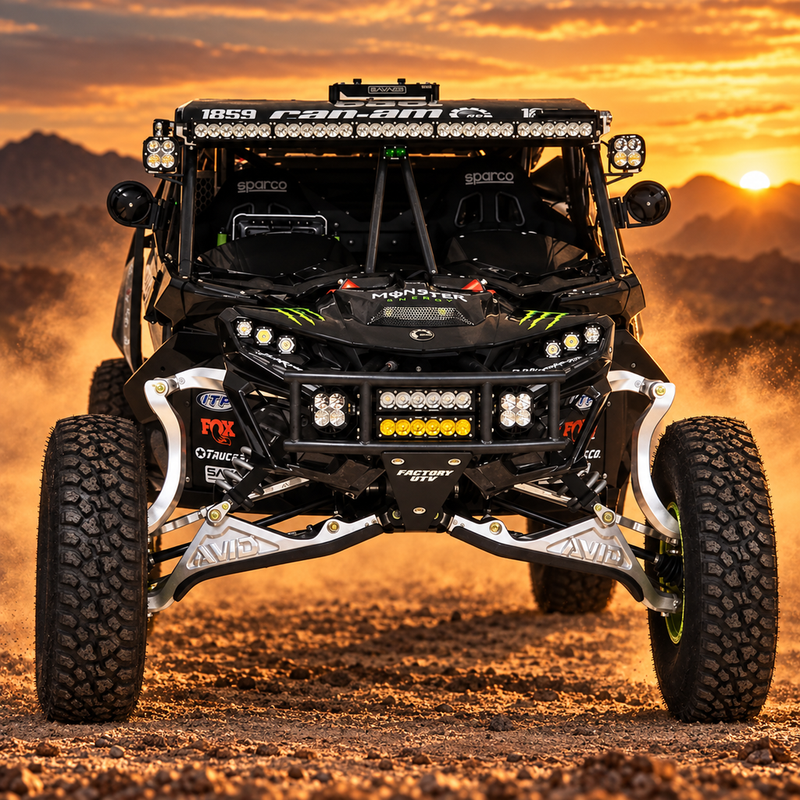 AVID Racing Can-Am Maverick R Billet Aluminum Front Suspension Kit | AVID Racing — Installed Front View — AVID-MR-BRFCAKIT1_16 [AVID:e536aa4d-4a85-43bc-9406-7bf479c1bf41]