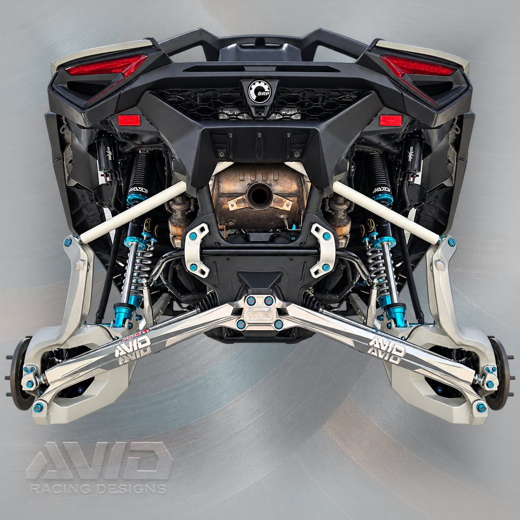 AVID Racing Can-Am Maverick R 2-Seater Billet High Clearance Radius Rod Kit - 7075-T6 | AVID Racing — Installed Rear View — AVID-MAVR-HCBRRK2_01 [AVID:746d7aaa-06f4-4f49-8fc6-08df368dc460] [AVID-VERSION:2be0209e-7410-4ca5-a484-9f1383da6303]