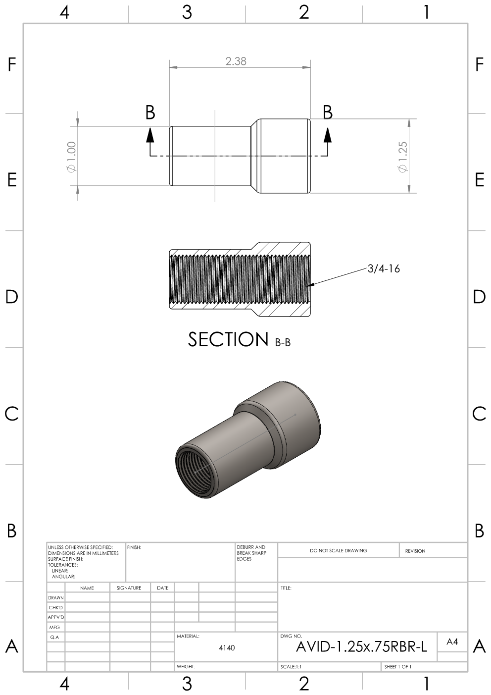 Chromoly  1.25x.120 3/4-16 Weld In Bung (Long)