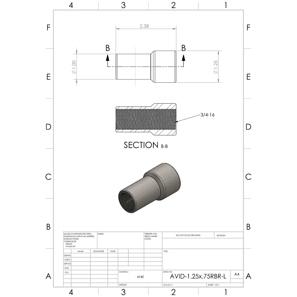 Chromoly 1.25x.120 3/4-16 Weld In Bung (Long) - AVID Racing