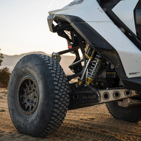 AVID Racing Can-Am Maverick R Rear Race Trailing Arm and Dual Shock Conversion Kit mounted on vehicle