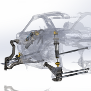 AVID Racing Maverick R MAX Rear Race Trailing Arm Kit, Factory Shock Location CAD draft of kit mounted on vehicle