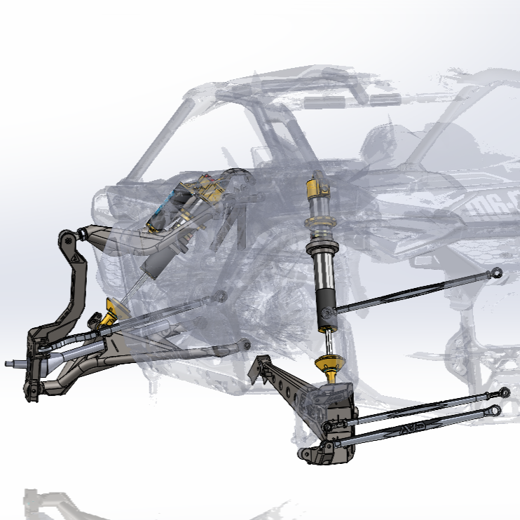 AVID Racing Maverick R MAX Rear Race Trailing Arm Kit, Factory Shock Location CAD draft of kit mounted on vehicle