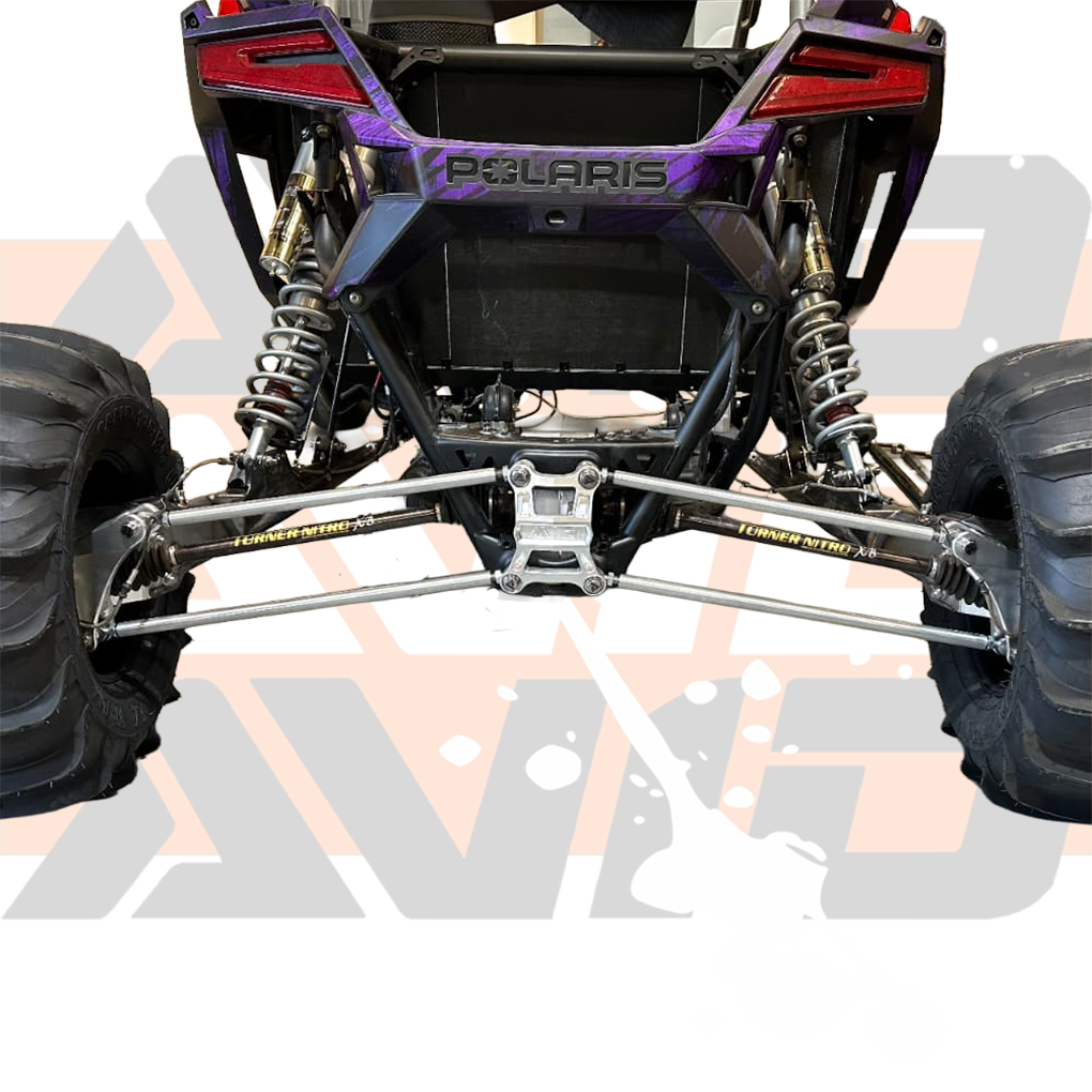 Polaris RZR Pro R SC +4.5 trailing arms installed on drag racing build rear suspension