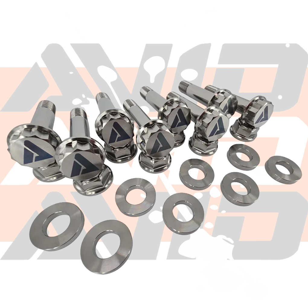 AVID Racing Can-Am Maverick R Rear Trailing Arm Titanium Bolt Hardware Kit top view of complete hardware kit