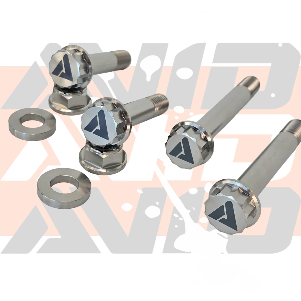 AVID Racing Can-Am Maverick R Front Shock Titanium Bolt Hardware Kit side view of complete titanium hardware kit