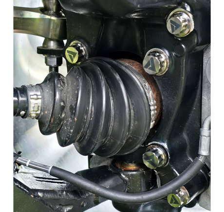 AVID Racing Can-Am Maverick R Stock Front Control Arm Titanium Bolt Hardware Kit mounted on vehicle