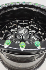 AVID Racing 12 point precision titanium hardware kit mounted on packard wheels anodized green close up view