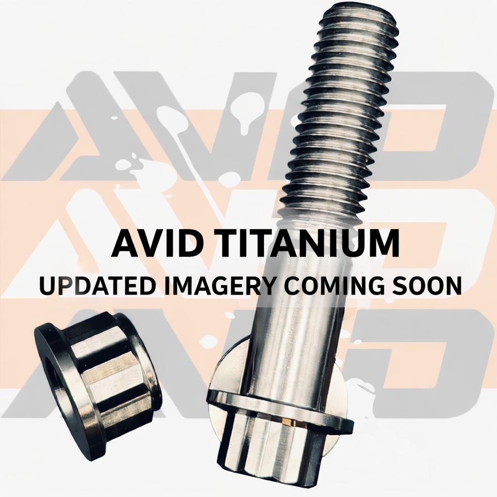 AVID racing titanium fastener hardware showing precision bolt and nut, updated product imagery coming soon