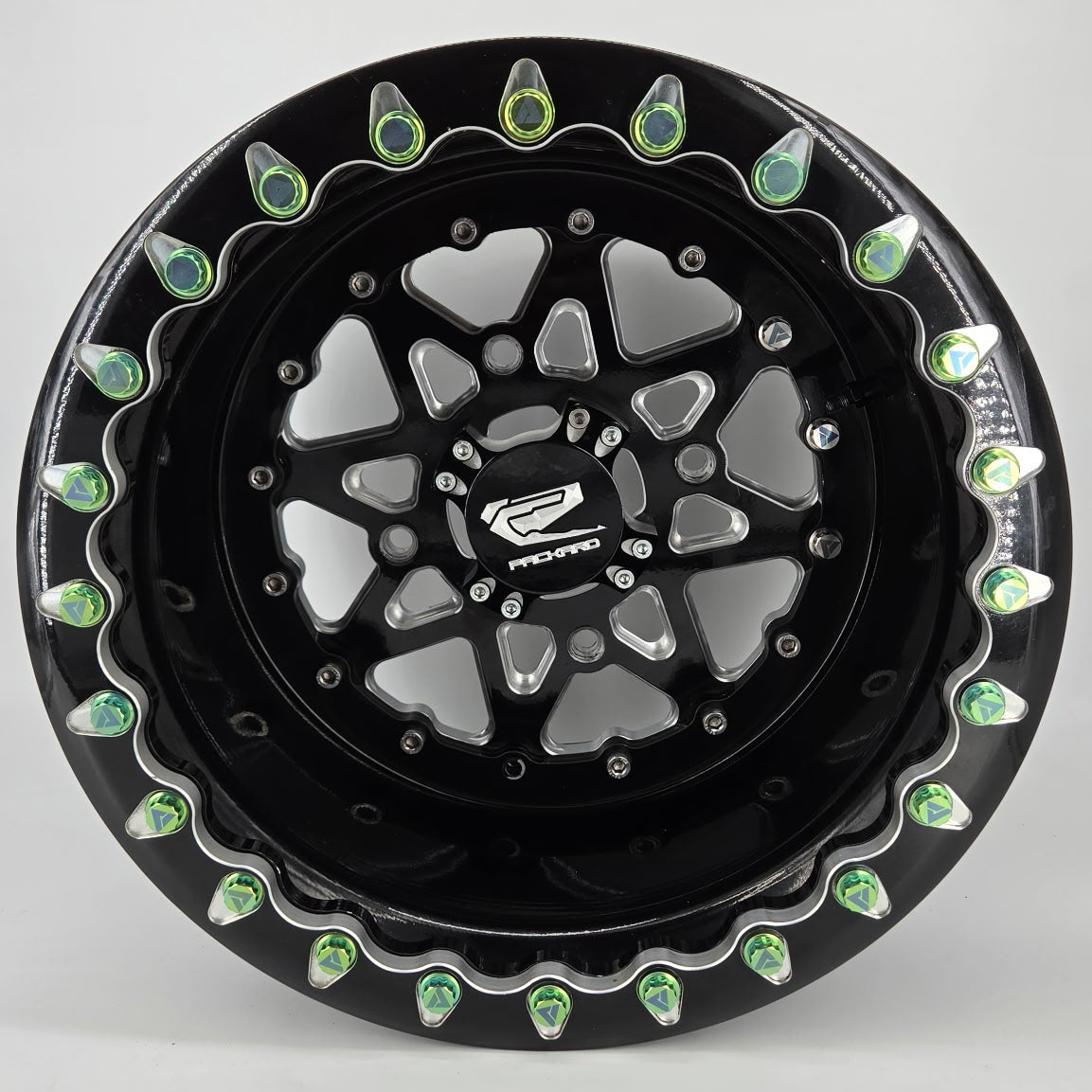 AVID Racing 12 point precision titanium hardware kit mounted on packard wheels anodized green