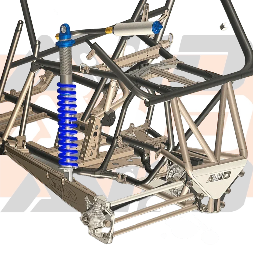 AVID Racing Yamaha YXZ1000R YX3 Hybrid Rear Chassis Conversion Kit CAD draft showing shock relocation mount, geometry improvements, rear differential placement